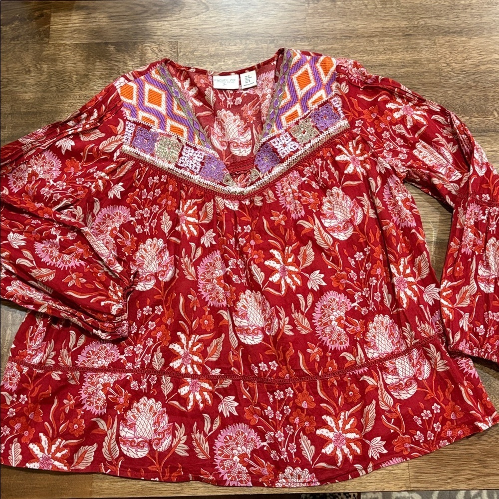 Rachel Zoe Los Angeles Boho Floral Hippie Long Sleeve Blouse Medium. Embroidered